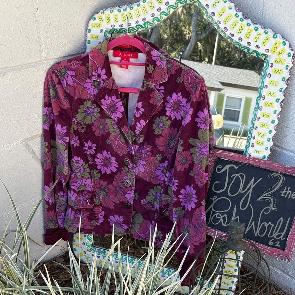 A|Line  Women's Floral Blazer - Purple and Green pinwhaled corduray